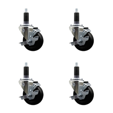 Service Caster 3.5'' SS Hard Rubber Swivel 1-1/8'' Expanding Stem Caster Set with Brake, 4PK SCC-SSEX20S3514-HRS-TLB-118-4